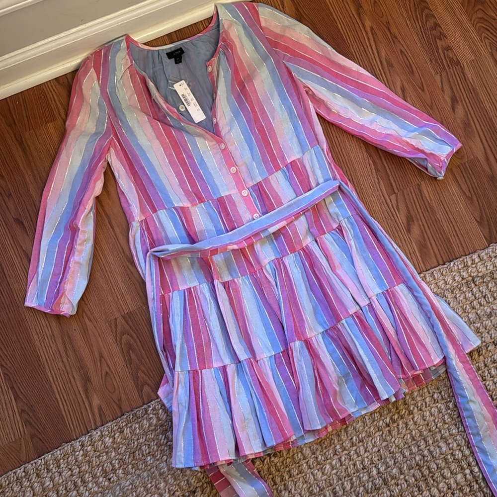 J. Crew Blue and Pink Tiered 3/4 Sleeve Dress with Removable Tie, Size S Petite